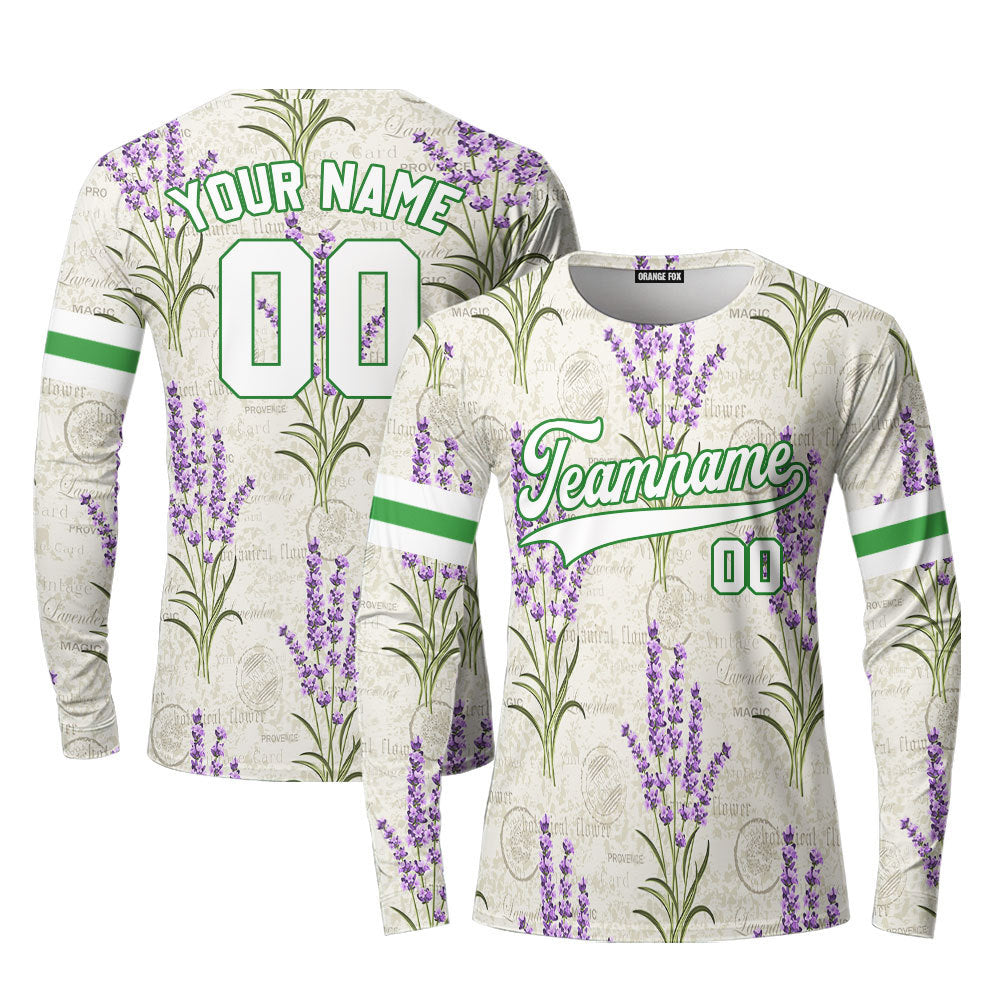 Custom Vintage Lavender Pattern White Green Custom Long Sleeve T-Shirt For Men & Women