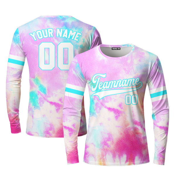 Custom Colorful Tie Dye White Light Blue Custom Long Sleeve T-Shirt For Men & Women