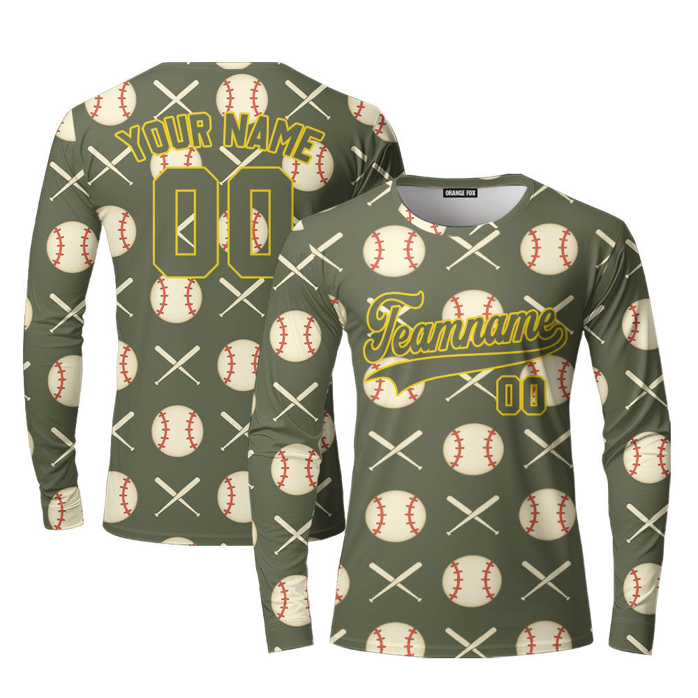 Custom Olive Baseball Striped Pattern Olive Gold Yellow Custom Long Sleeve T-Shirt For Men & Women