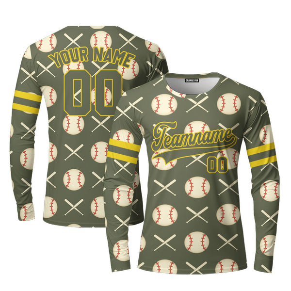Custom Olive Baseball Striped Pattern Olive Gold Yellow Custom Long Sleeve T-Shirt For Men & Women