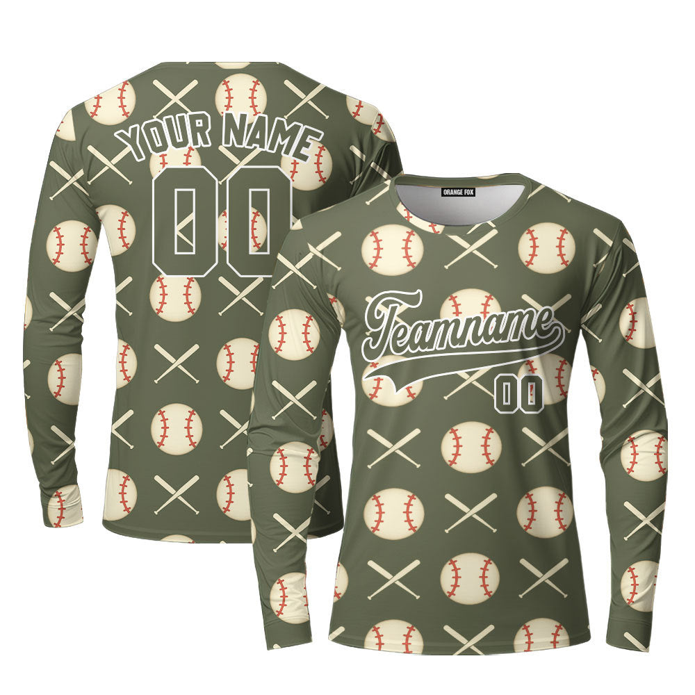 Custom Olive Baseball Striped Pattern Olive White Custom Long Sleeve T-Shirt For Men & Women