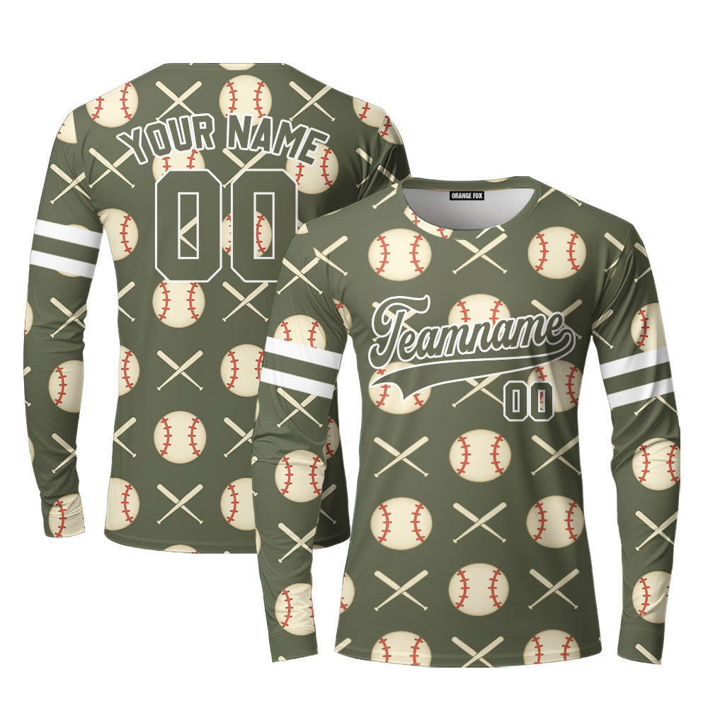 Custom Olive Baseball Striped Pattern Olive White Custom Long Sleeve T-Shirt For Men & Women