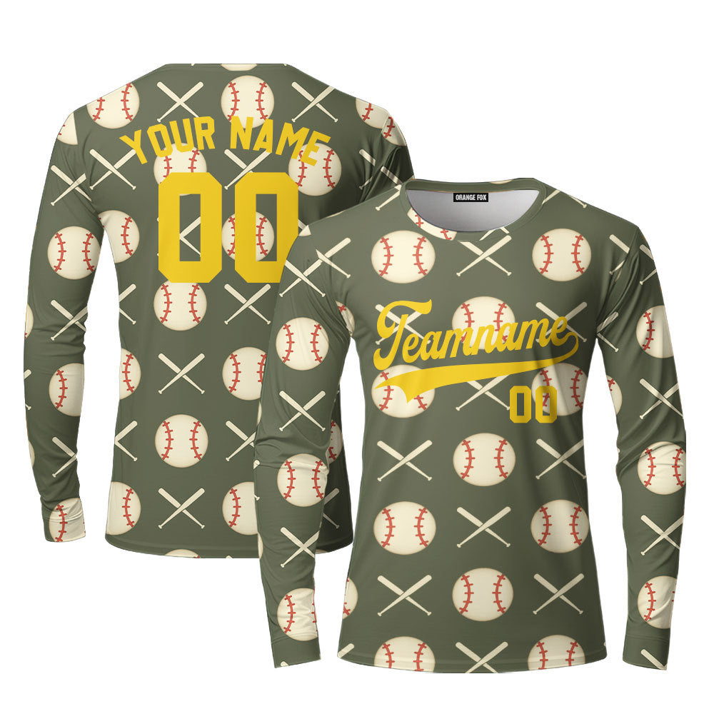 Custom Olive Baseball Striped Pattern Yellow White Custom Long Sleeve T-Shirt For Men & Women