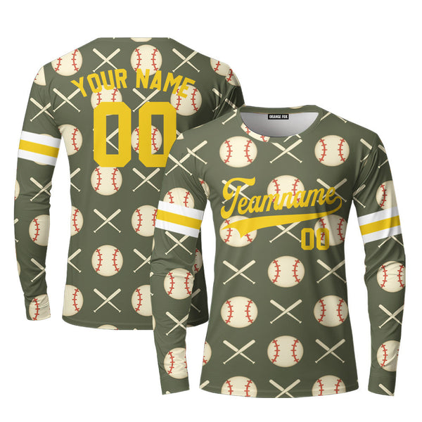 Custom Olive Baseball Striped Pattern Yellow White Custom Long Sleeve T-Shirt For Men & Women