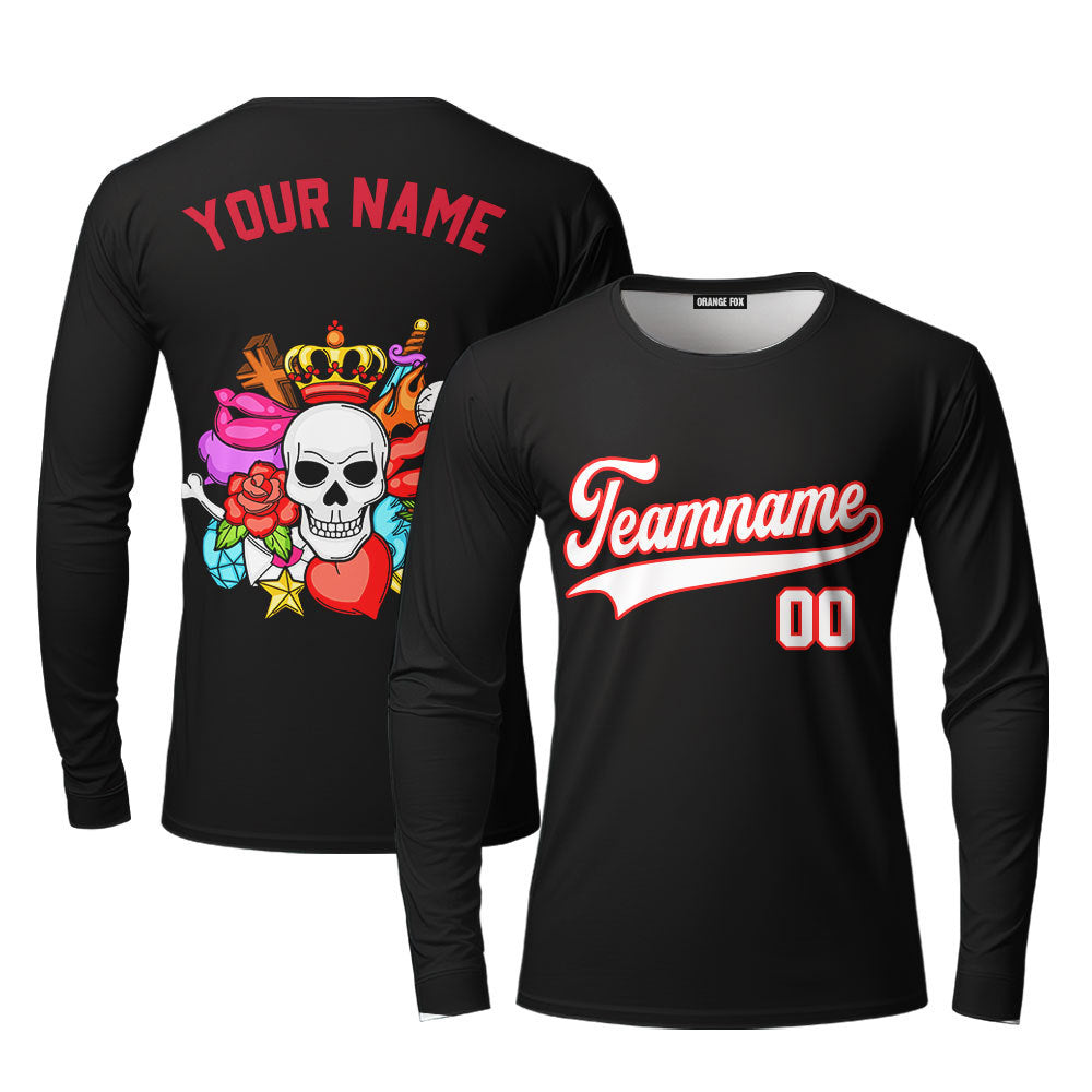 Custom Old Skull Tattoo Pattern White Red Custom Long Sleeve T-Shirt For Men & Women