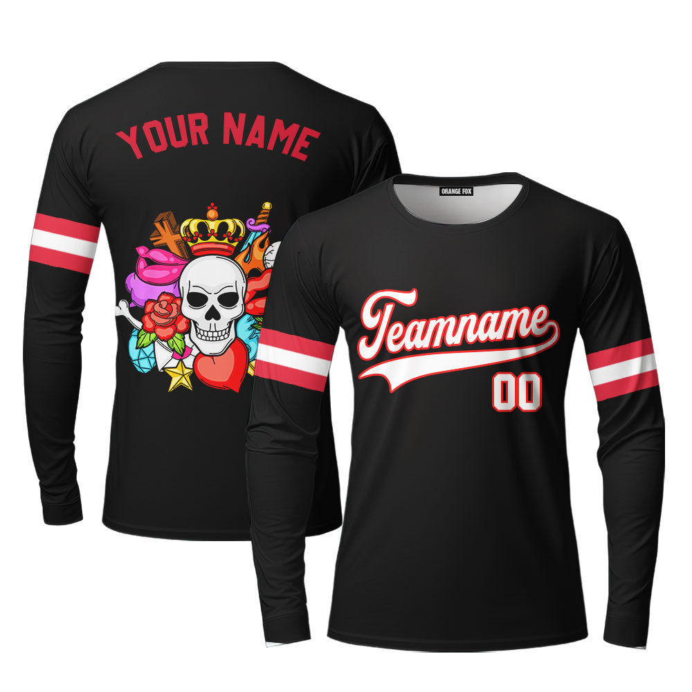 Custom Old Skull Tattoo Pattern White Red Custom Long Sleeve T-Shirt For Men & Women