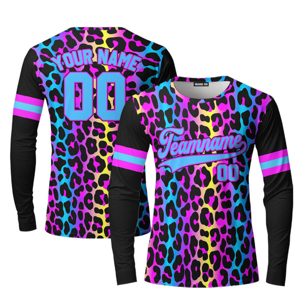Custom Neon Leopard Pattern Blue Pink Custom Long Sleeve T-Shirt For Men & Women