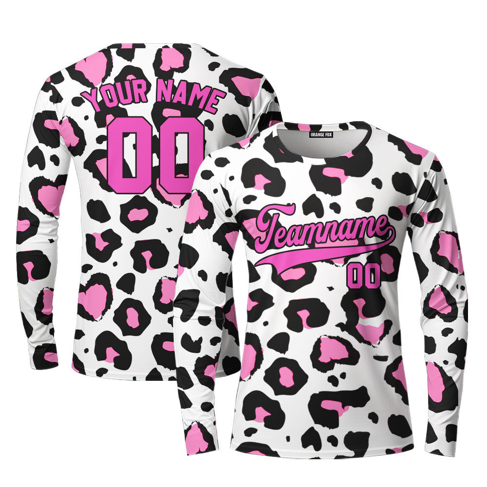 Custom Pink Leopard Pattern Pink Black Custom Long Sleeve T-Shirt For Men & Women
