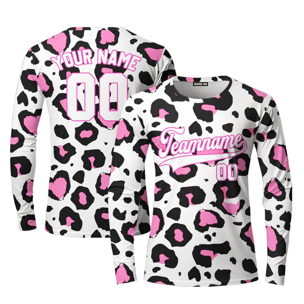 Custom Pink Leopard Pattern White Pink Custom Long Sleeve T-Shirt For Men & Women