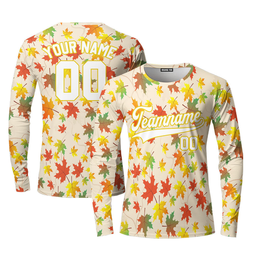 Custom Autumn Leaves White Yellow Custom Long Sleeve T-Shirt For Men & Women