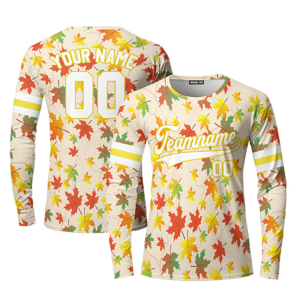 Custom Autumn Leaves White Yellow Custom Long Sleeve T-Shirt For Men & Women