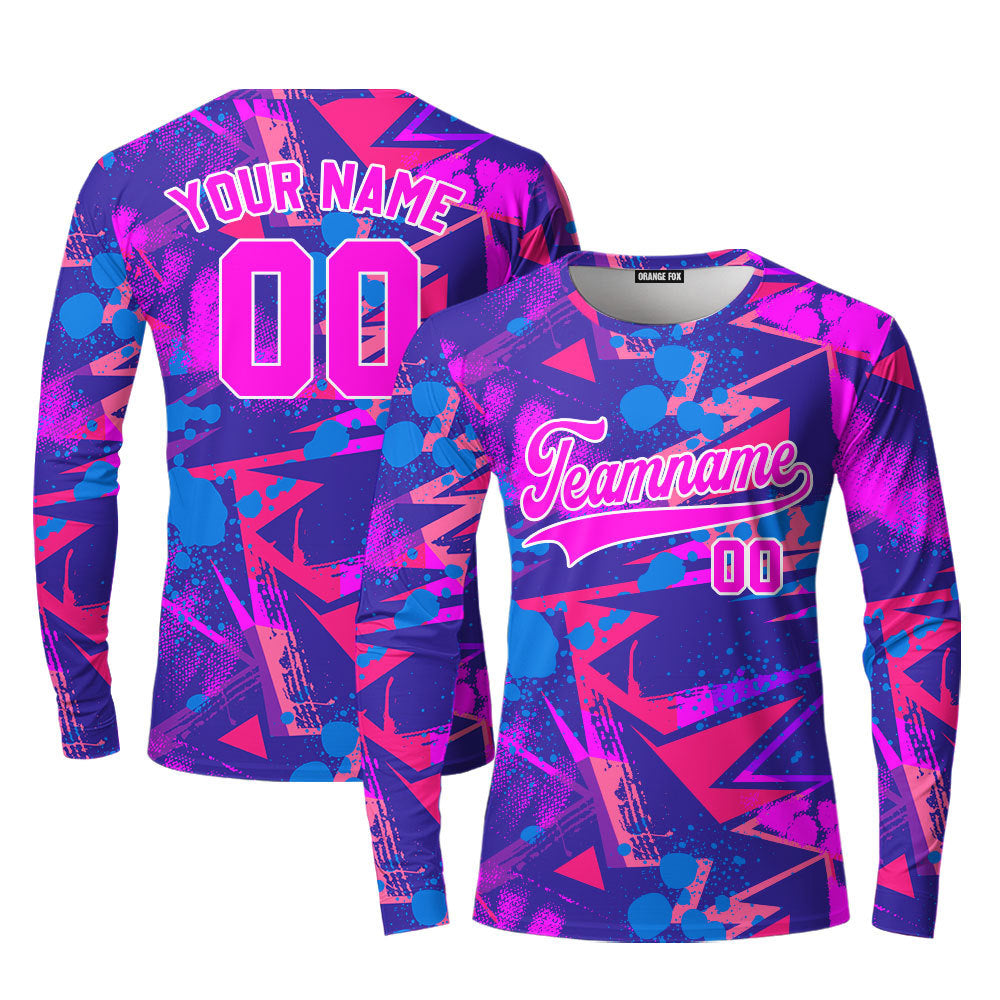 Custom Neon Chaotick Geometric Pattern Pink White Custom Long Sleeve T-Shirt For Men & Women