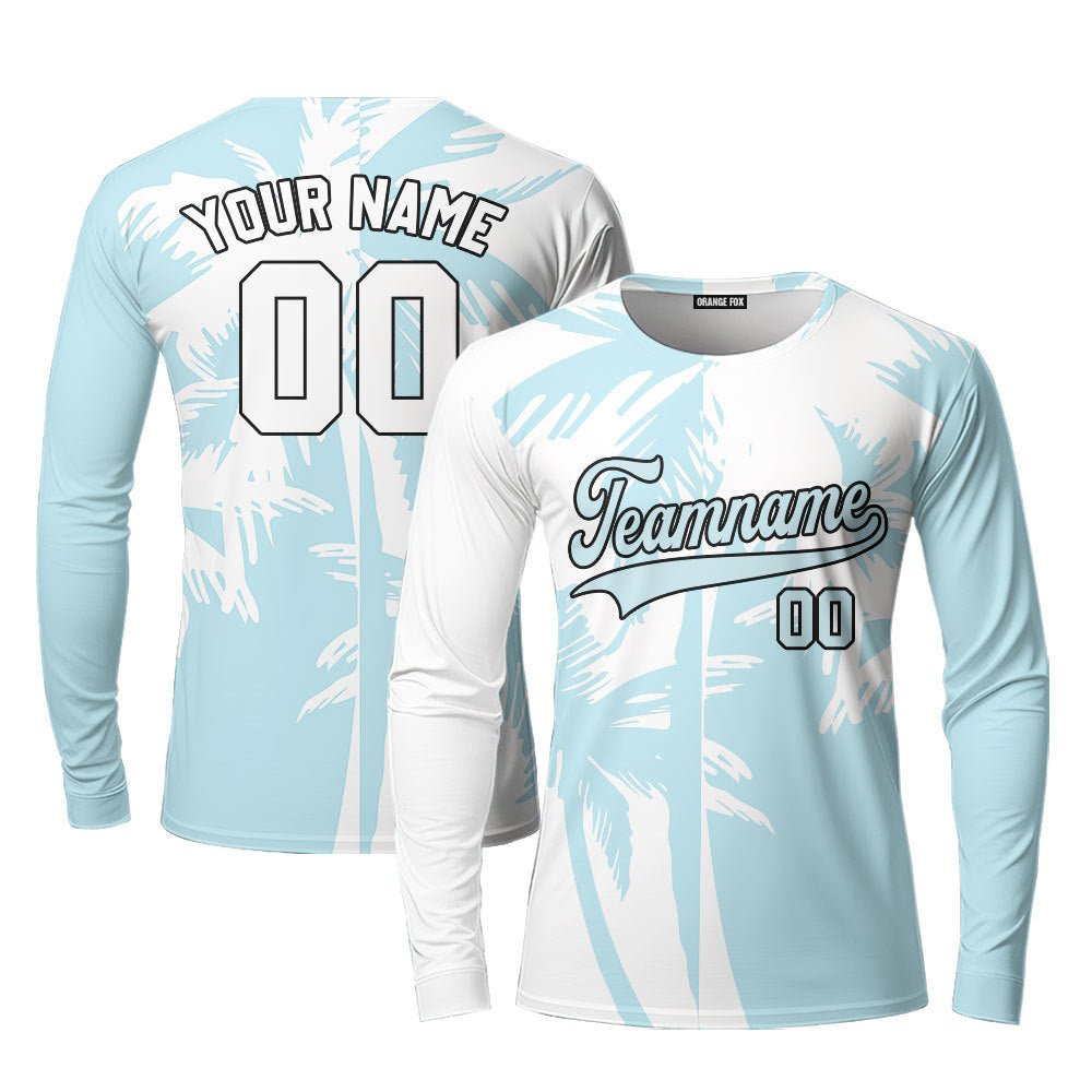 Custom Tropical Light Blue Palm Trees Pattern Custom Long Sleeve T-Shirt For Men & Women