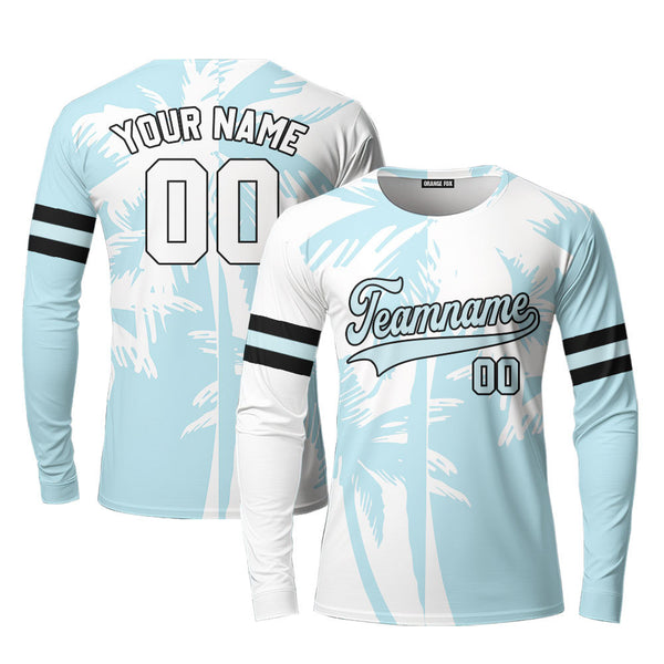 Custom Tropical Light Blue Palm Trees Pattern Custom Long Sleeve T-Shirt For Men & Women