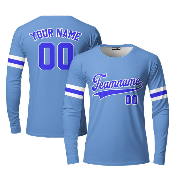 Custom Light Blue Navy- White Custom Long Sleeve T-Shirt For Men & Women