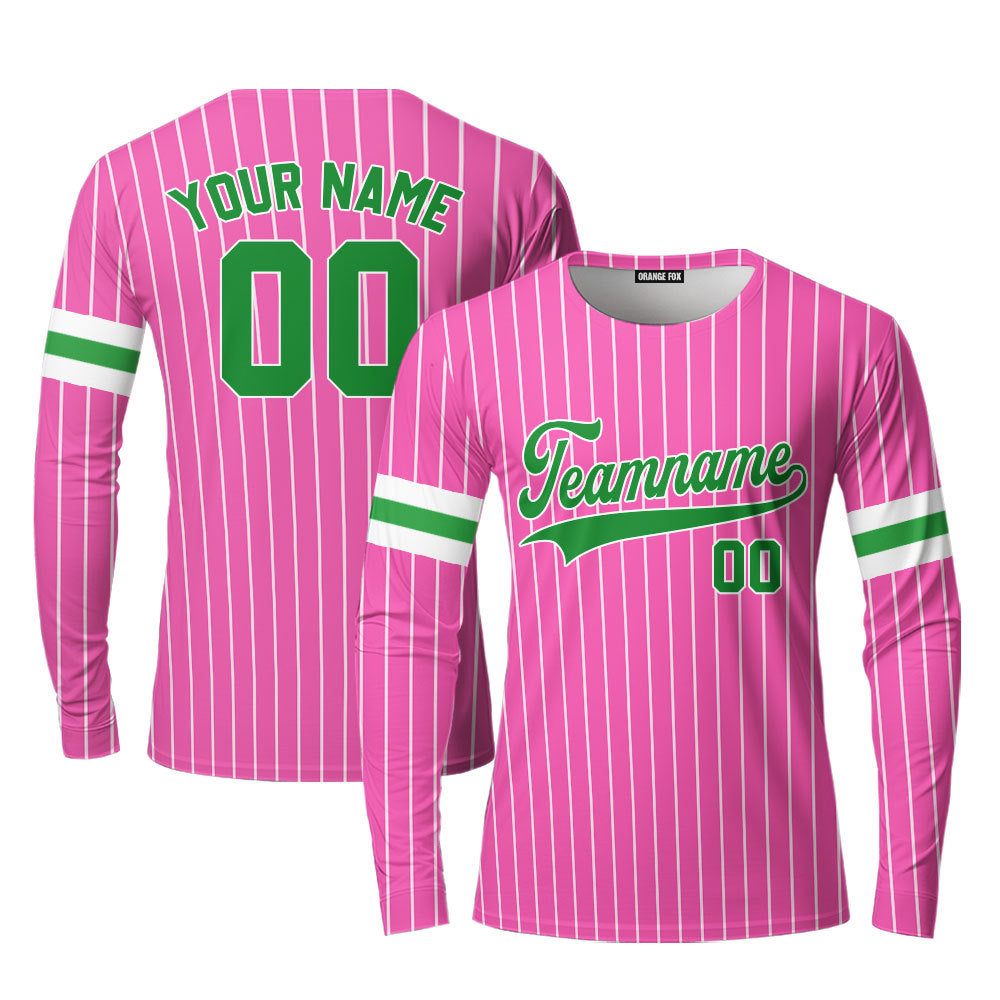 Custom Pink White Pinstripe Kelly Green Custom Long Sleeve T-Shirt For Men & Women