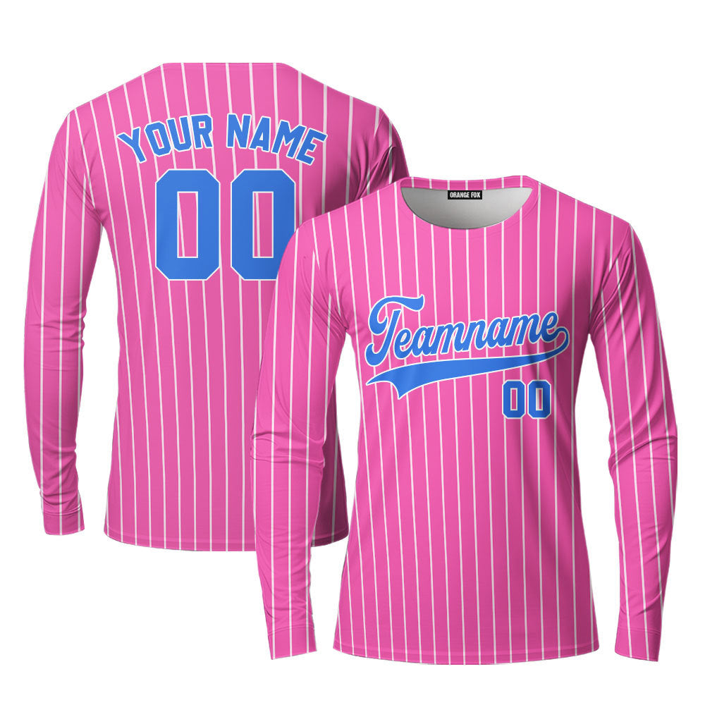 Custom Pink White Pinstripe Navy Blue Custom Long Sleeve T-Shirt For Men & Women