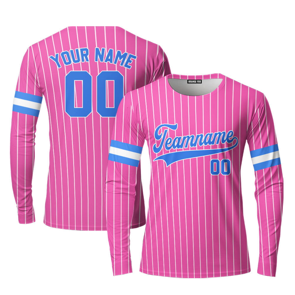 Custom Pink White Pinstripe Navy Blue Custom Long Sleeve T-Shirt For Men & Women