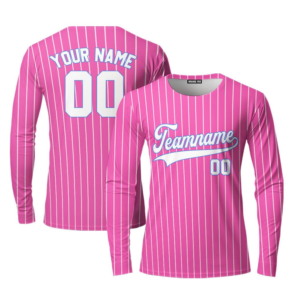 Custom Pink White Pinstripe Navy Custom Long Sleeve T-Shirt For Men & Women