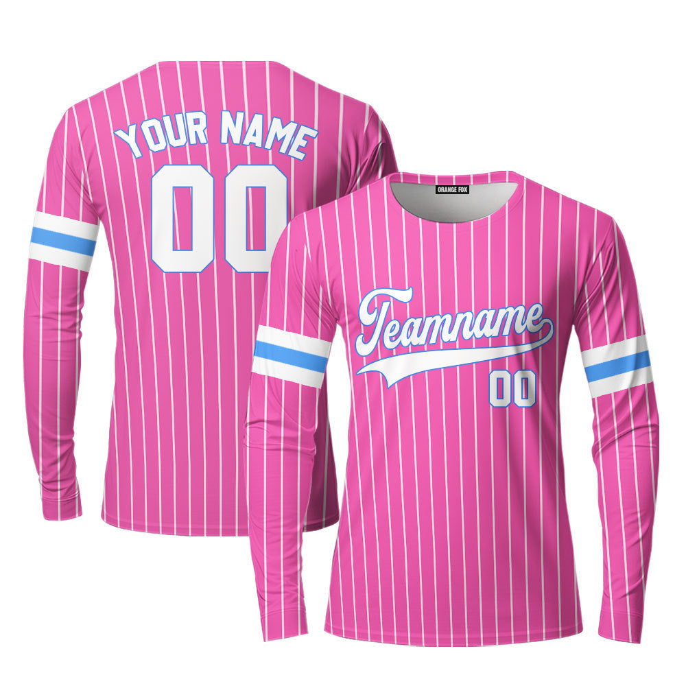 Custom Pink White Pinstripe Navy Custom Long Sleeve T-Shirt For Men & Women