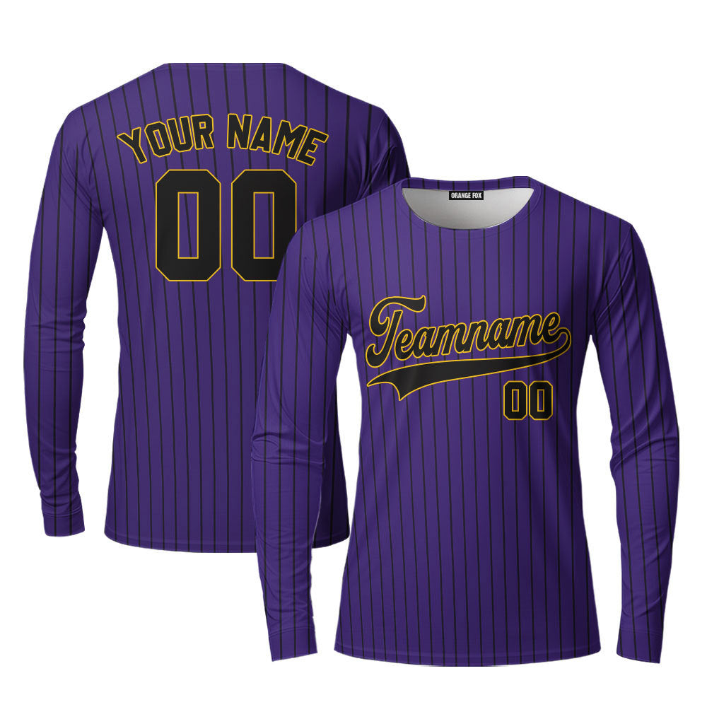 Custom Purple Black Pinstripe Black Yellow Custom Long Sleeve T-Shirt For Men & Women