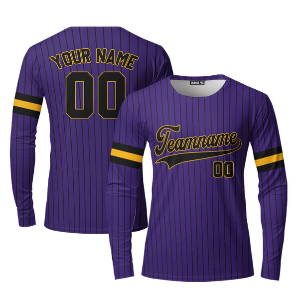 Custom Purple Black Pinstripe Black Yellow Custom Long Sleeve T-Shirt For Men & Women