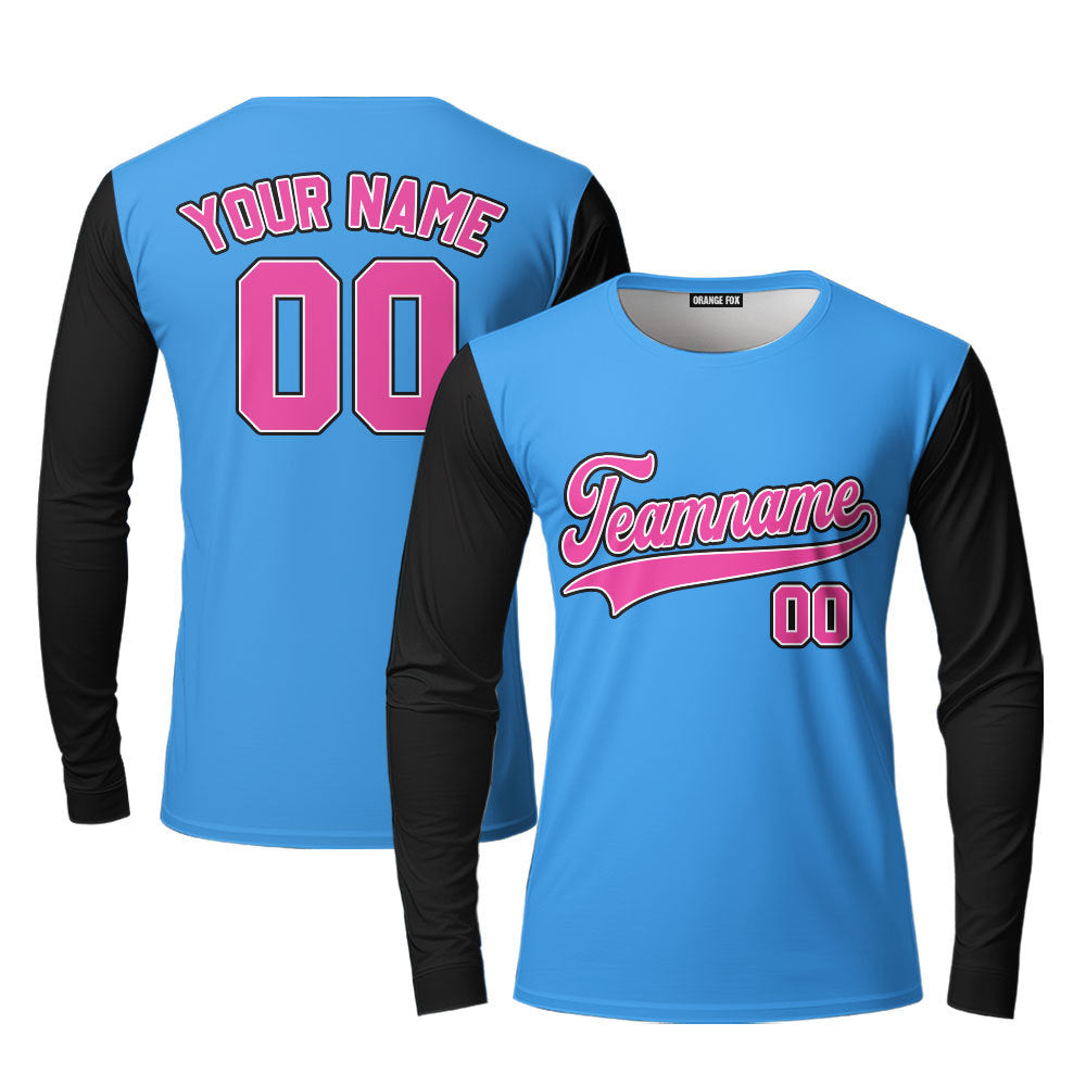 Custom Blue Black Raglan Pink Custom Long Sleeve T-Shirt For Men & Women