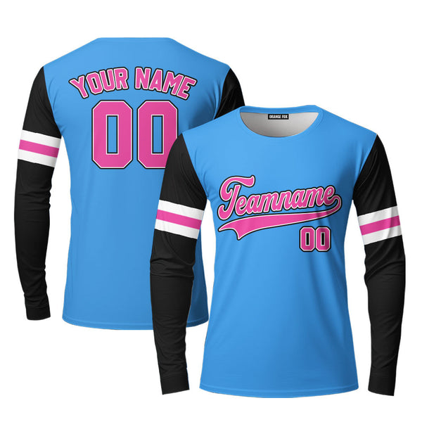 Custom Blue Black Raglan Pink Custom Long Sleeve T-Shirt For Men & Women