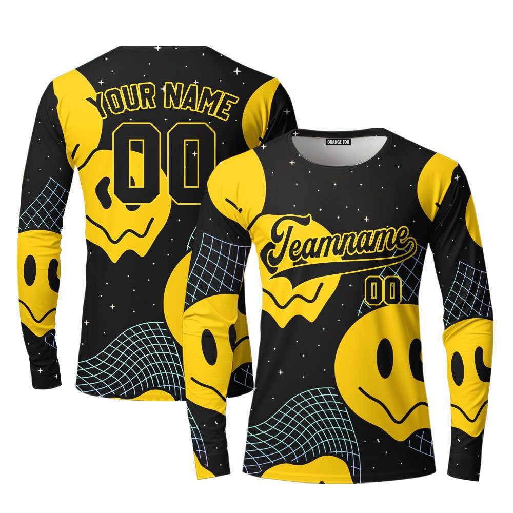 Custom Psychedelic Smiley Hippie Pattern Yellow Black Custom Long Sleeve T-Shirt For Men & Women