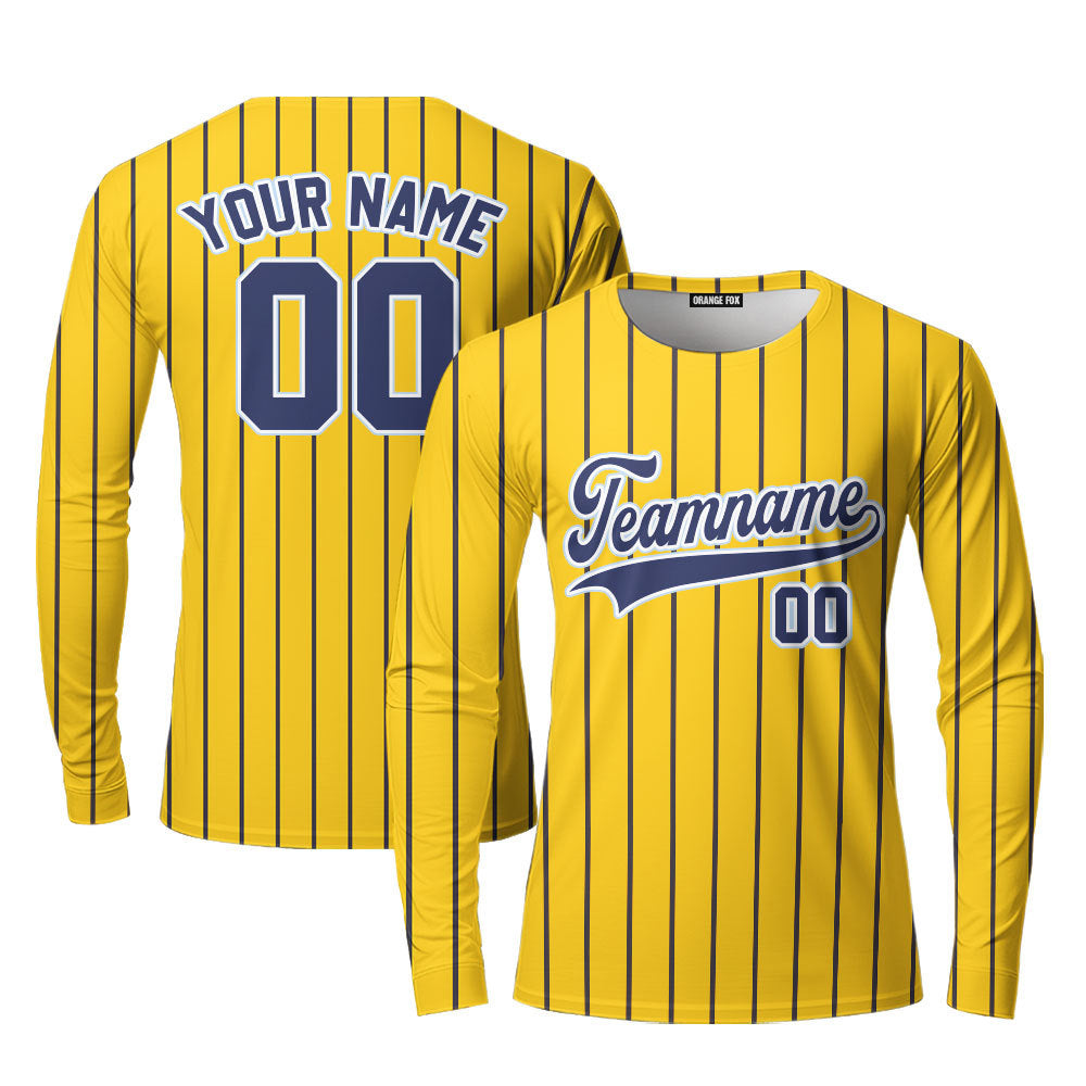 Custom Yellow Navy Blue Pinstripe Light Blue Custom Long Sleeve T-Shirt For Men & Women