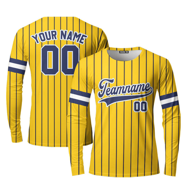 Custom Yellow Navy Blue Pinstripe Light Blue Custom Long Sleeve T-Shirt For Men & Women