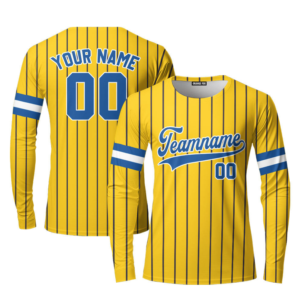 Custom Yellow Navy Blue Pinstripe Royal Blue Custom Long Sleeve T-Shirt For Men & Women