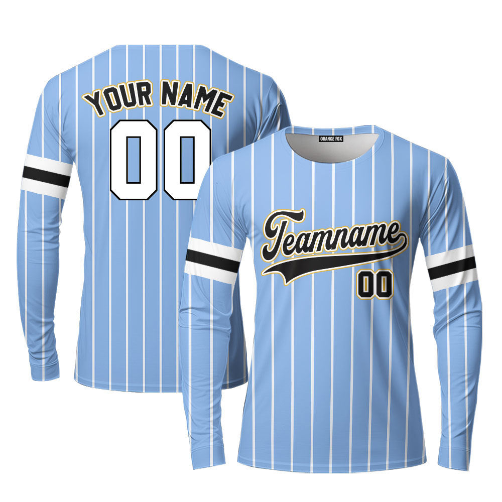 Custom Light Blue White Pinstripe Black White Custom Long Sleeve T-Shirt For Men & Women