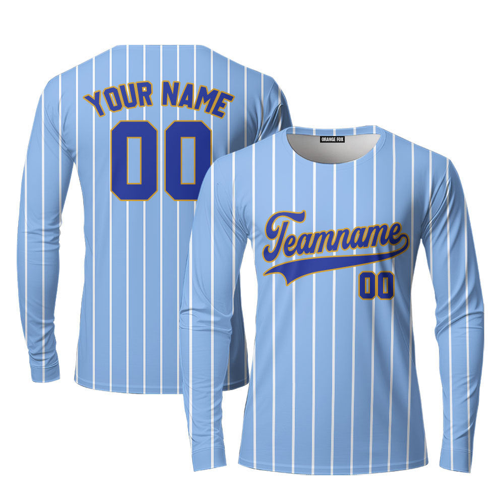 Custom Light Blue White Pinstripe Royal Blue Gold Custom Long Sleeve T-Shirt For Men & Women