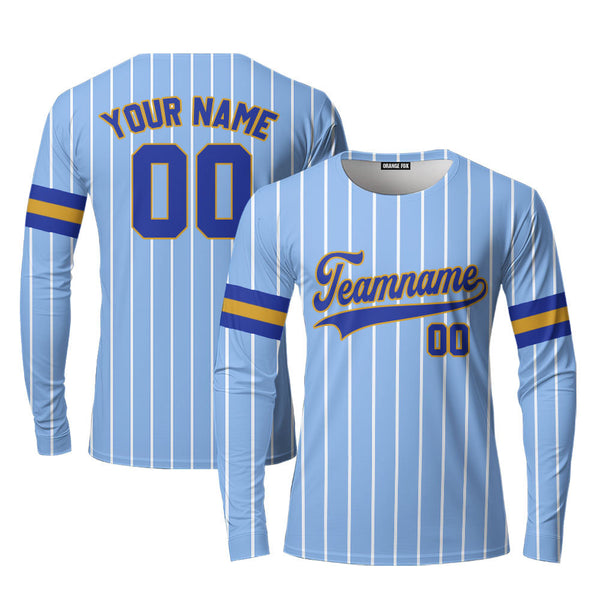 Custom Light Blue White Pinstripe Royal Blue Gold Custom Long Sleeve T-Shirt For Men & Women