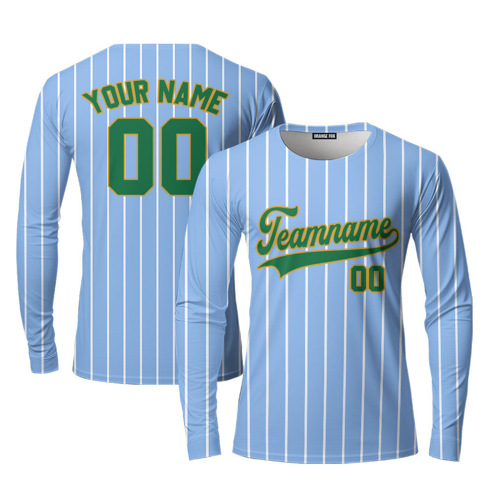 Custom Light Blue White Pinstripe Green Gold Custom Long Sleeve T-Shirt For Men & Women