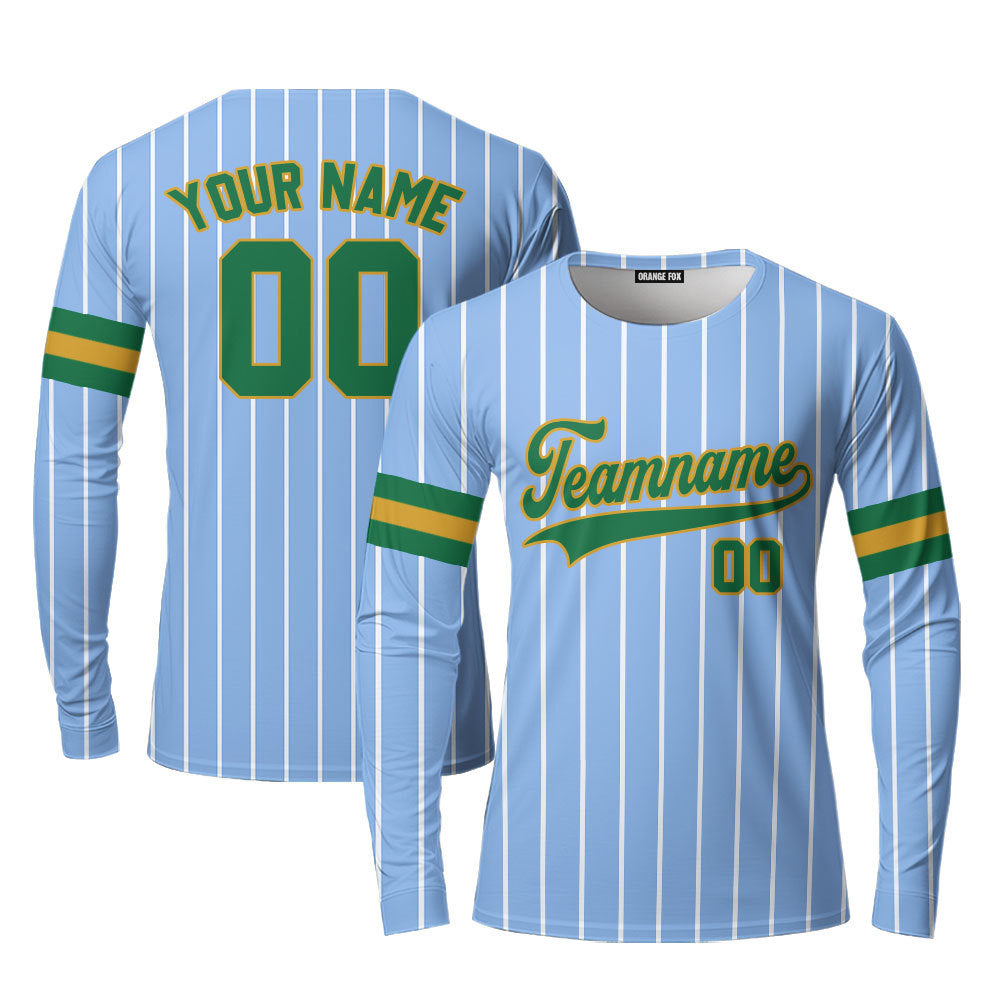 Custom Light Blue White Pinstripe Green Gold Custom Long Sleeve T-Shirt For Men & Women