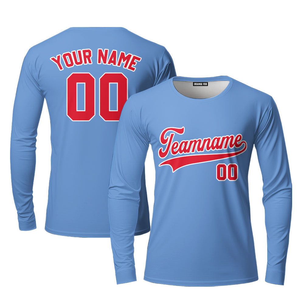 Custom Light Blue Red-White Custom Long Sleeve T-Shirt For Men & Women