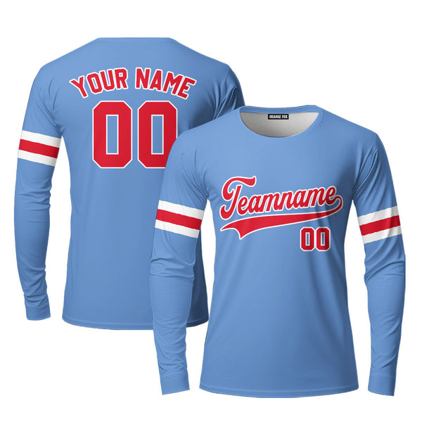 Custom Light Blue Red-White Custom Long Sleeve T-Shirt For Men & Women