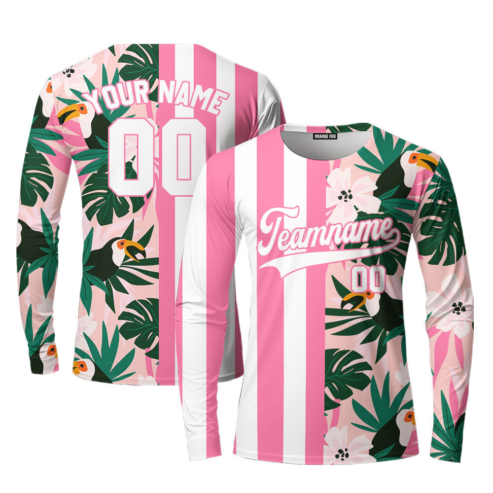 Custom Floral Pink Stripe White-Pink Split Fashion Custom Long Sleeve T-Shirt For Men & Women