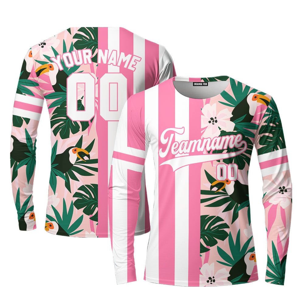 Custom Floral Pink Stripe White-Pink Split Fashion Custom Long Sleeve T-Shirt For Men & Women