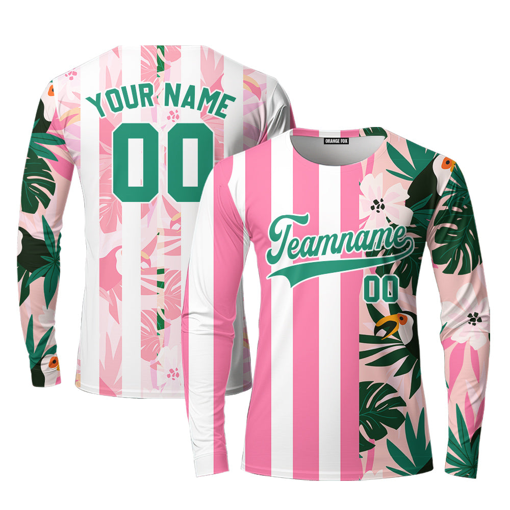 Custom Floral Pink Stripe Green-White Split Fashion Custom Long Sleeve T-Shirt For Men & Women