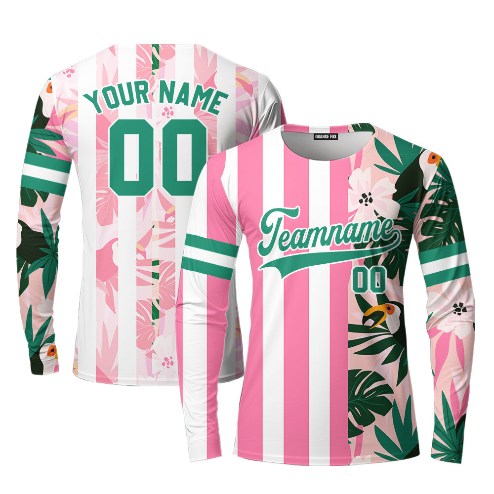 Custom Floral Pink Stripe Green-White Split Fashion Custom Long Sleeve T-Shirt For Men & Women