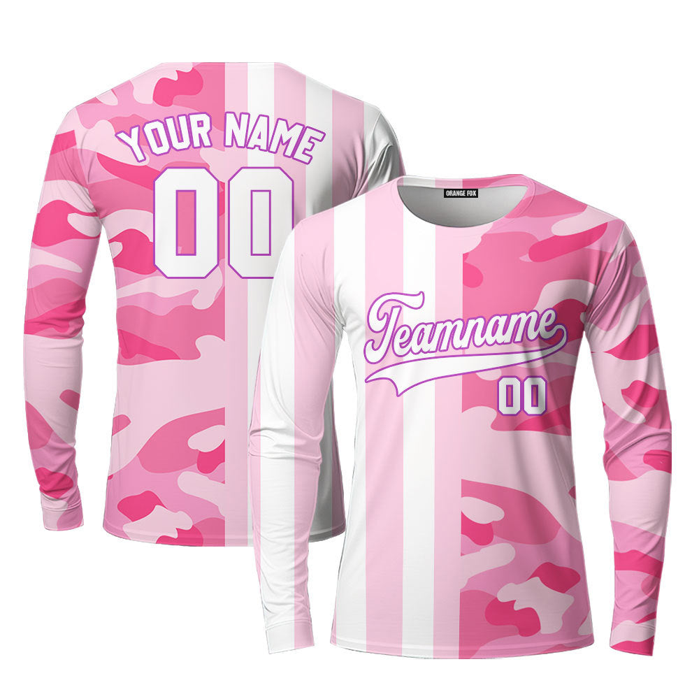 Custom Camo Pink Stripe White-Pink Purple Split Fashion Custom Long Sleeve T-Shirt For Men & Women