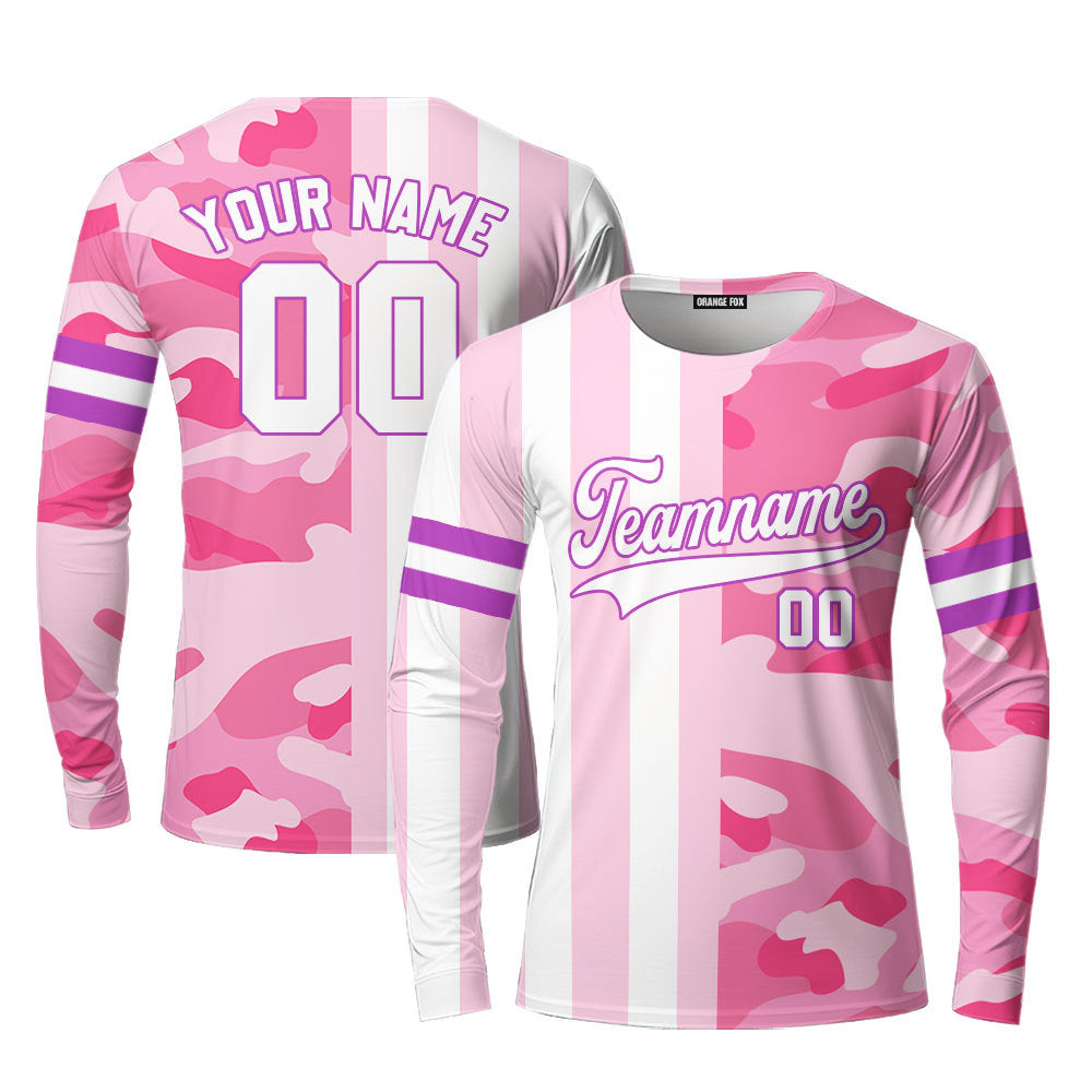 Custom Camo Pink Stripe White-Pink Purple Split Fashion Custom Long Sleeve T-Shirt For Men & Women