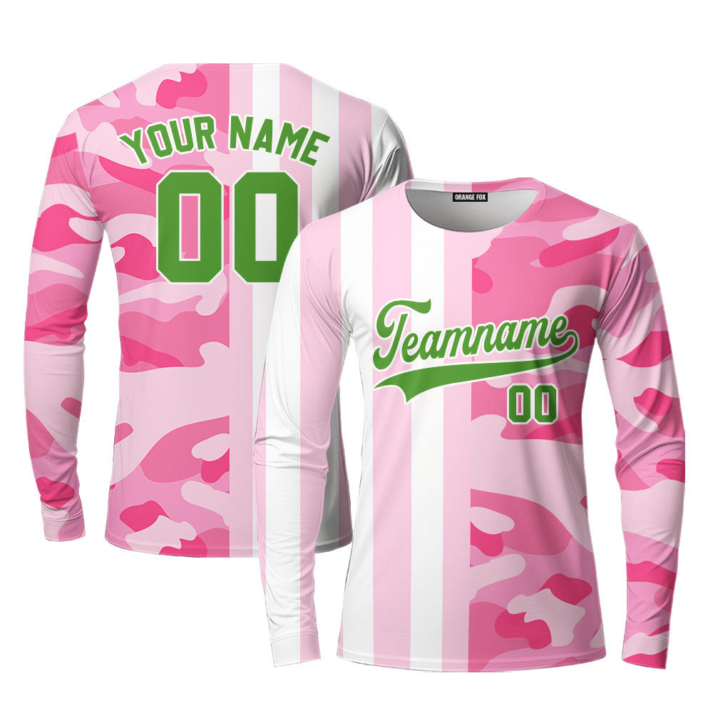 Custom Camo Pink Stripe Neon Green-White Split Fashion Custom Long Sleeve T-Shirt For Men & Women