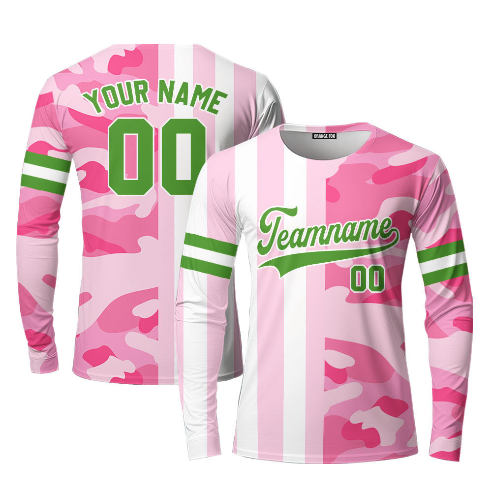 Custom Camo Pink Stripe Neon Green-White Split Fashion Custom Long Sleeve T-Shirt For Men & Women