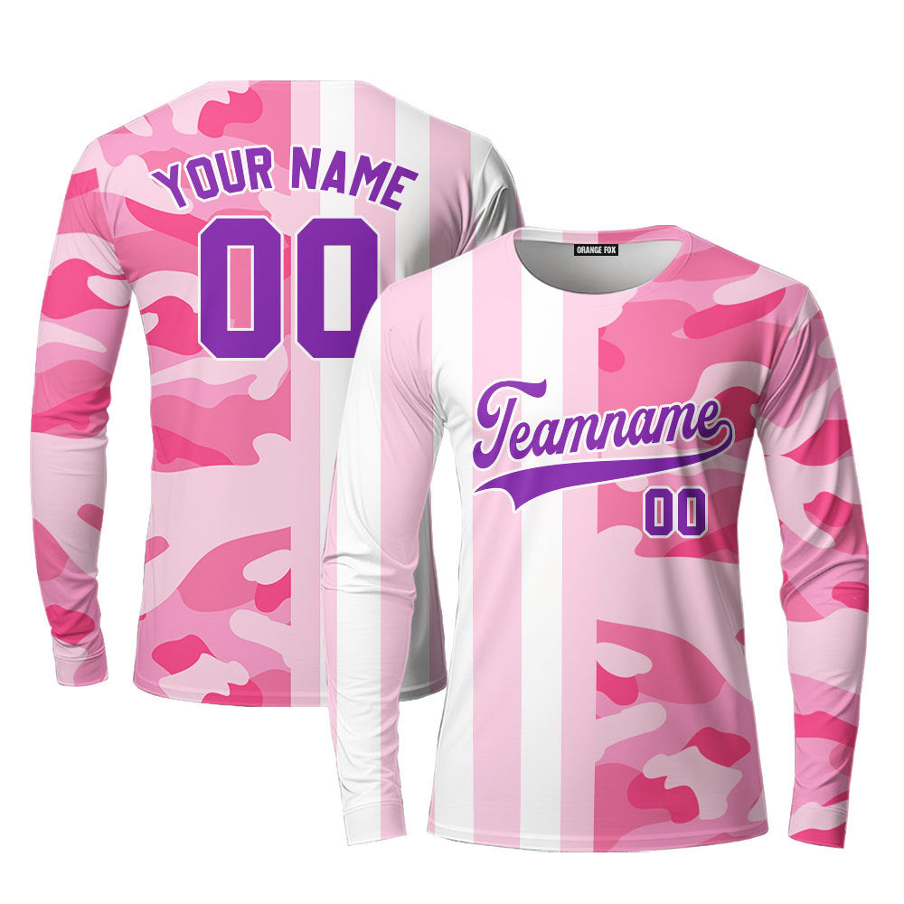 Custom Camo Pink Stripe White-Purple Split Fashion Custom Long Sleeve T-Shirt For Men & Women