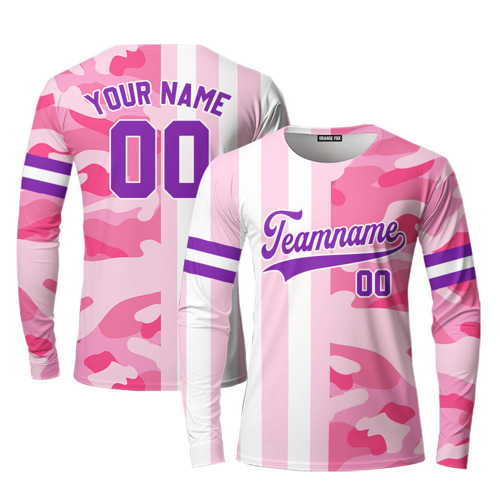 Custom Camo Pink Stripe White-Purple Split Fashion Custom Long Sleeve T-Shirt For Men & Women