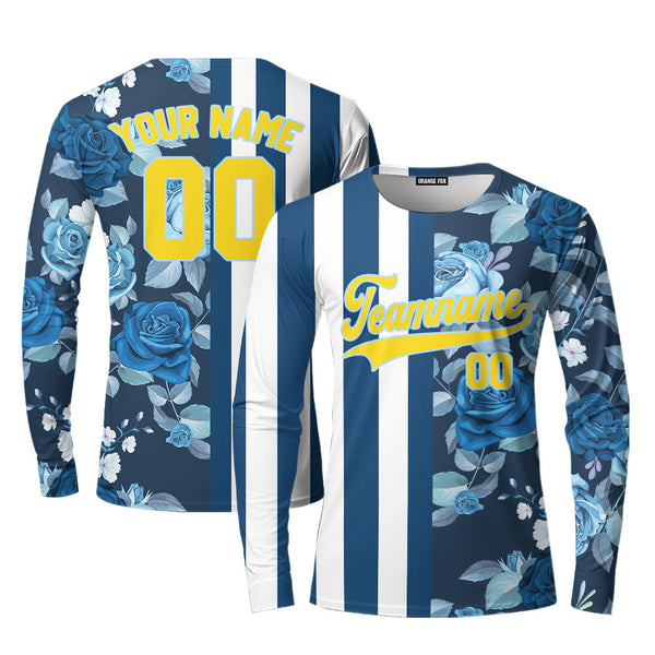 Custom Tropical Blue Navy Yellow - Light Blue Split Fashion Custom Long Sleeve T-Shirt For Men & Women